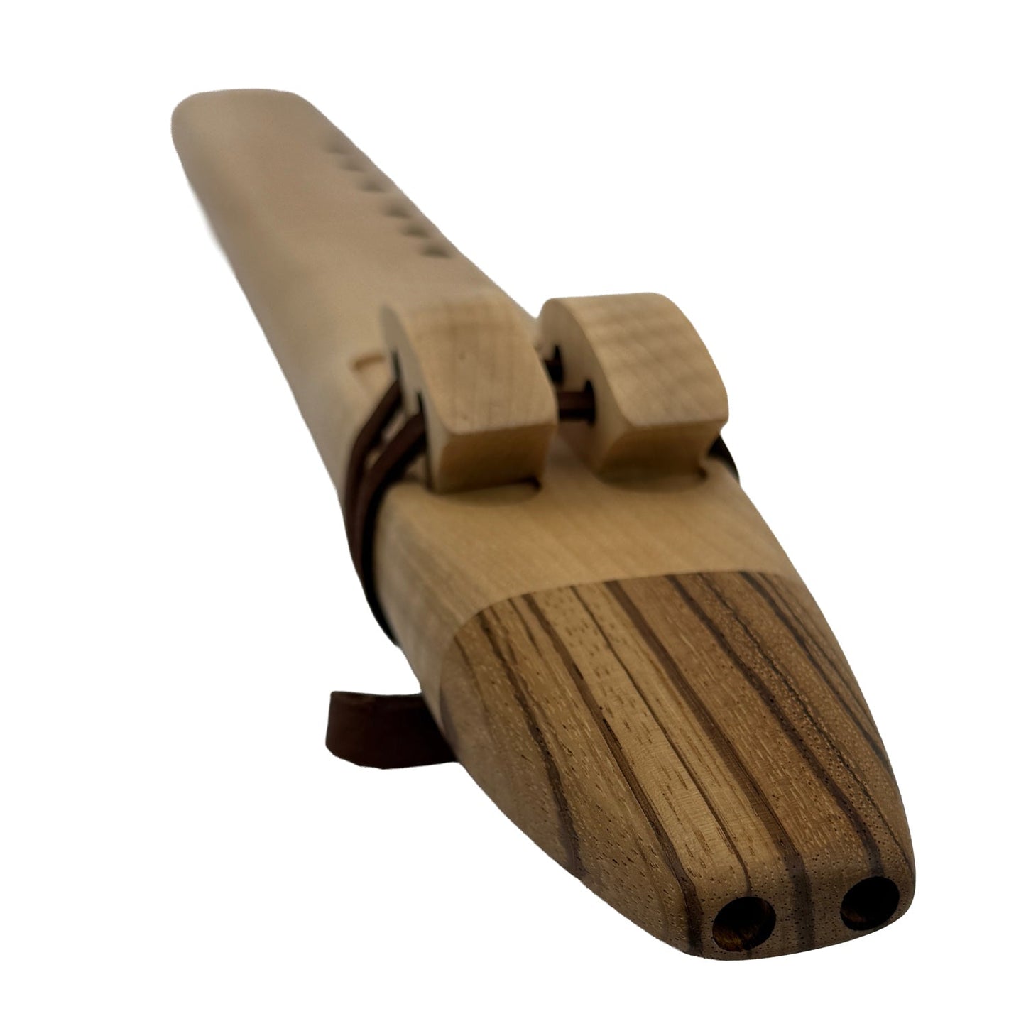 Native American Drone Flute in F minor by Nash Tavewa, Curly Maple with Zebrawood Mouthpiece