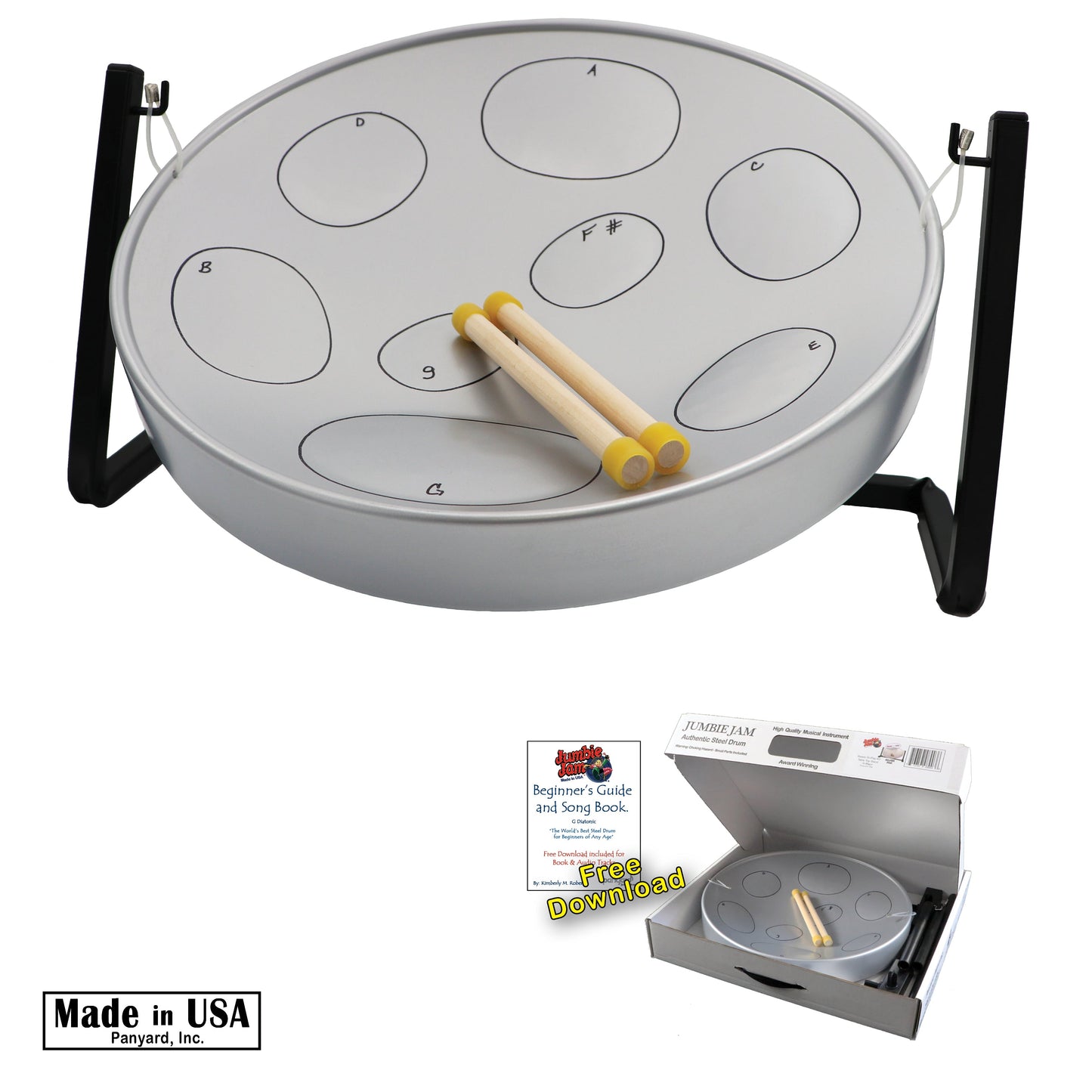 Panyard Jumbie Jam Steel Drum Ready-to-Play Kit with Table Top Stand (G Diatonic) Steel Drums Panyard Silver Pan