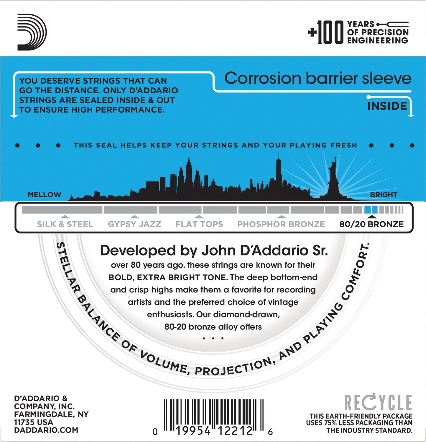 D'Addario EJ11 80/20 Bronze Acoustic Guitar Strings, Light, 12-53 Accessories_Strings D'Addario