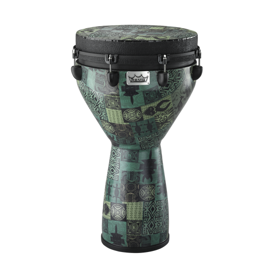 Remo Djembe, Mondo, Designer Series, Key-Tuned, 14" X 25", Skyndeep, Contour Tuning Brackets, Green Kinte Finish Djembes & Ashikos Remo