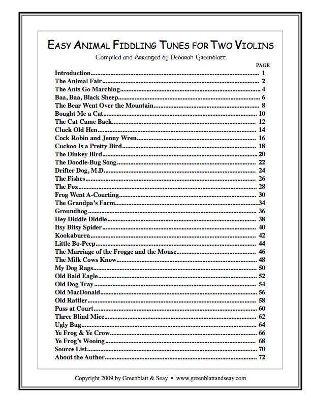 Easy Animal Fiddling Tunes for Two Violins Media Greenblatt & Seay