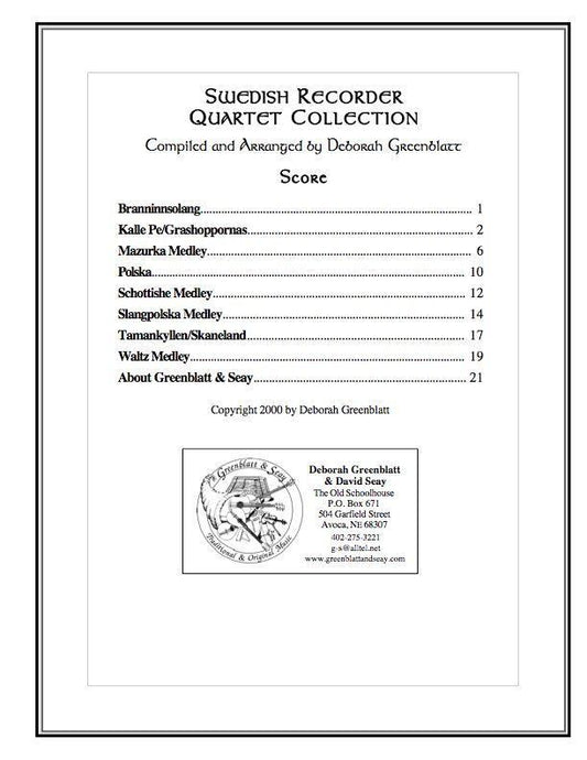Swedish Recorder Quartet Collection - Score Media Greenblatt & Seay