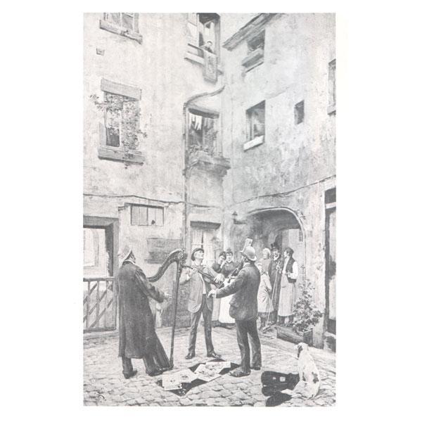 Courtyard scene w/ harp, guitar & fiddle * Musical Postcards Lark in the Morning