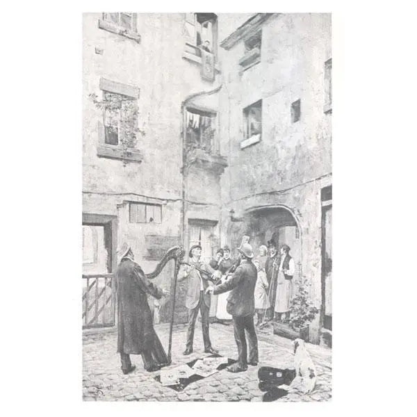Courtyard scene w/ harp, guitar & fiddle * Musical Postcards Lark in the Morning