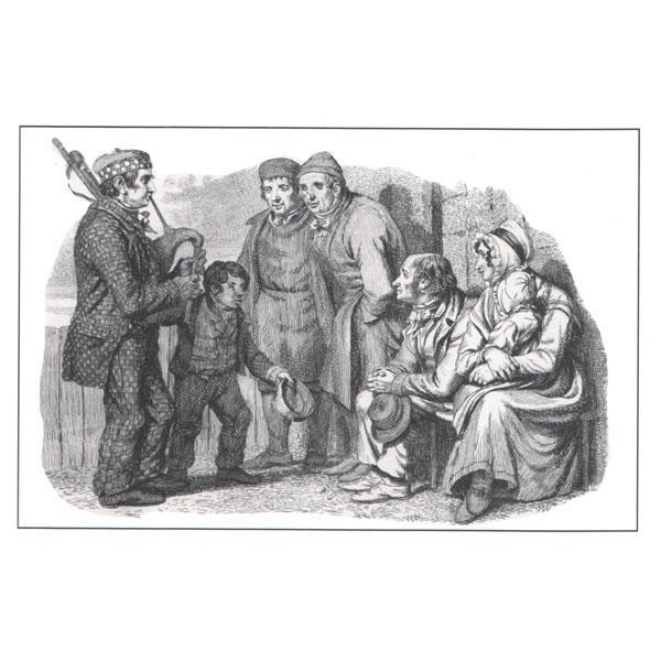 Etching-Piper with small child & crowd Musical Postcards Lark in the Morning