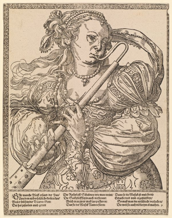 Woman playing a bass shawm (Tobias Stimmer c. 1500)