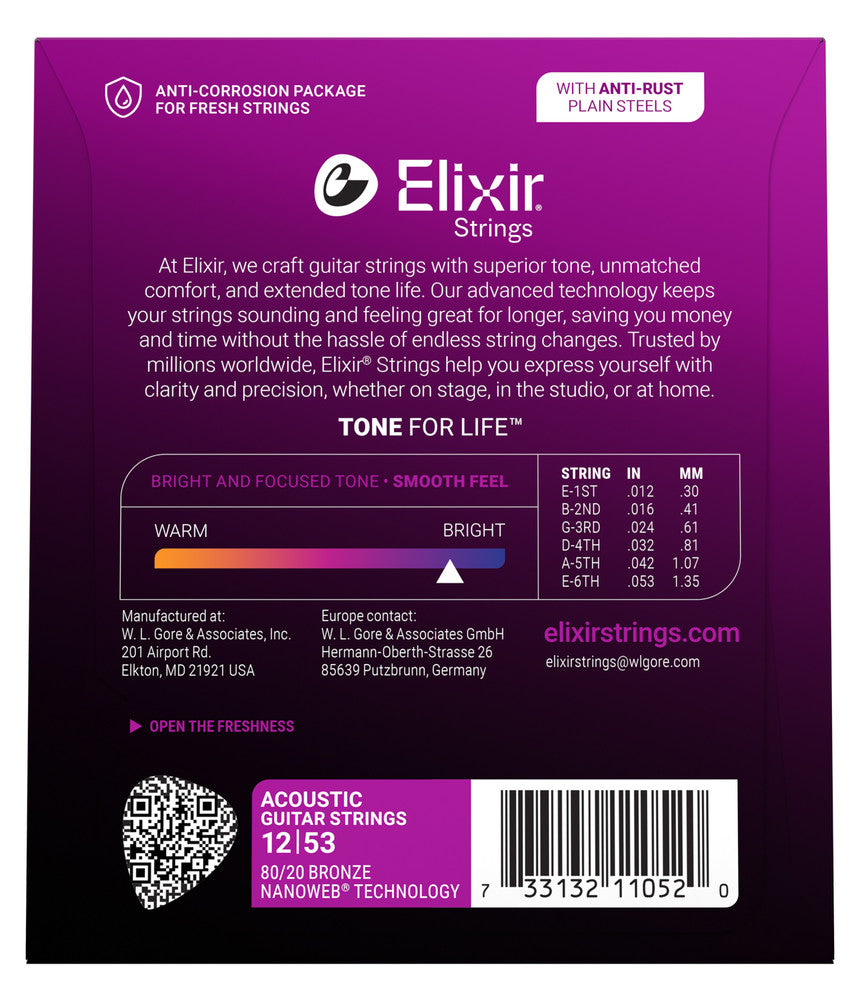 Elixir 80/20 Bronze Nanoweb Guitar Strings, Light, 12-53