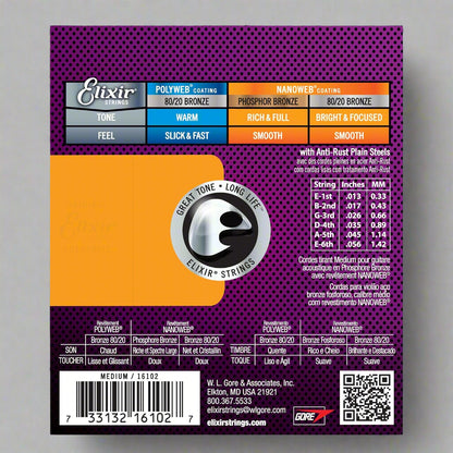 Elixir Phosphor Bronze Nanoweb Guitar Strings, Medium, 13-56