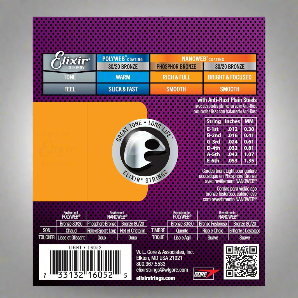 Elixir Phosphor Bronze Nanoweb Guitar Strings, Light, 12-53