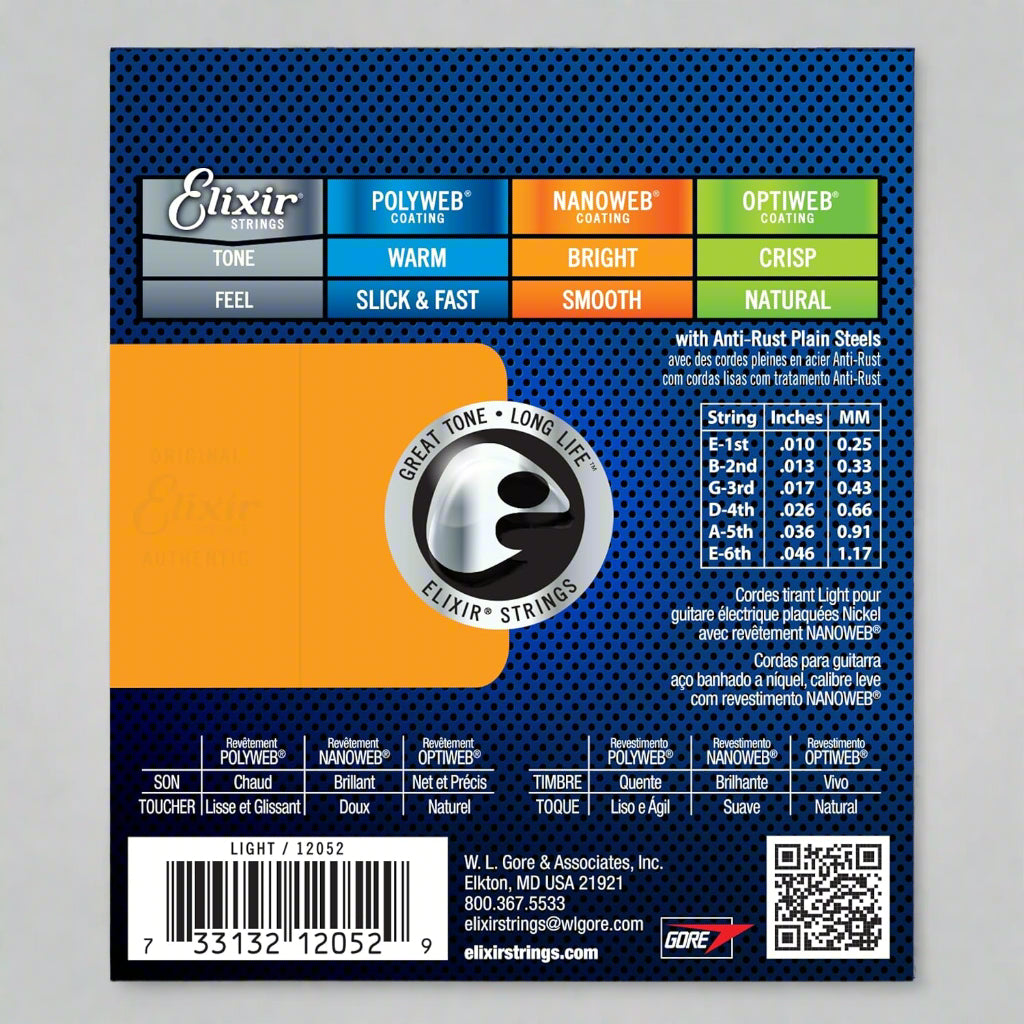 Elixir guitar strings packaging with color options and specifications on a gray background