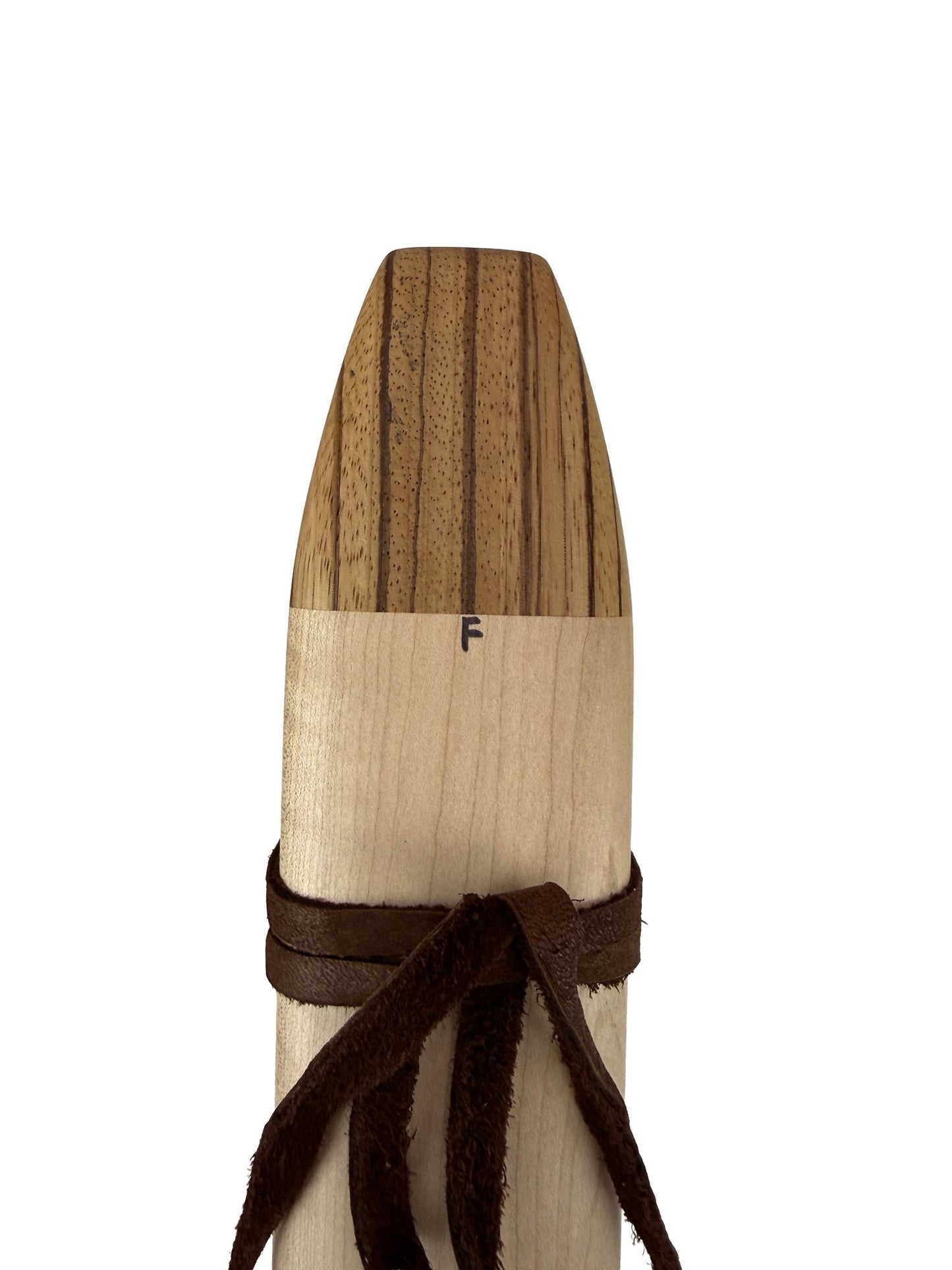 Native American Drone Flute in F minor by Nash Tavewa, Curly Maple with Zebrawood Mouthpiece 