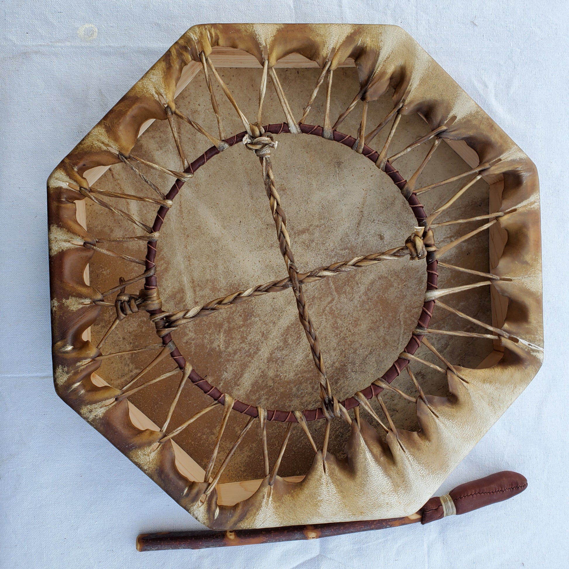 Octagonal Elk Rawhide Hand Drum with Beater, by Nash Tavewa Native American Drums Nash Tavewa   
