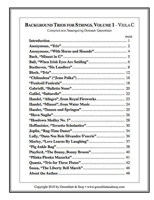 Background Trios for Strings Vol. 1 - Viola C Media Greenblatt & Seay   