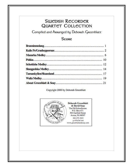 Swedish Recorder Quartet Collection - Score Media Greenblatt & Seay   