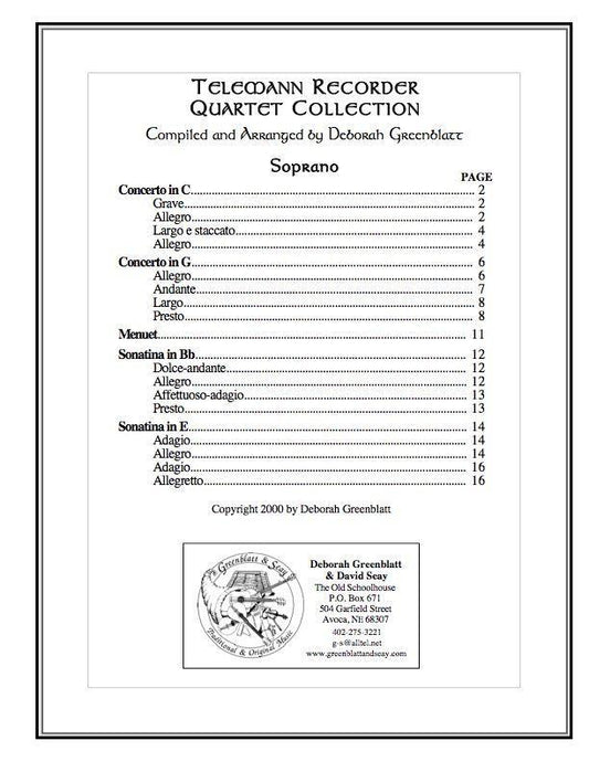 Telemann Recorder Quartet Collection - Parts Media Greenblatt & Seay   