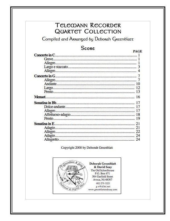 Telemann Recorder Quartet Collection - Score – Lark in the Morning